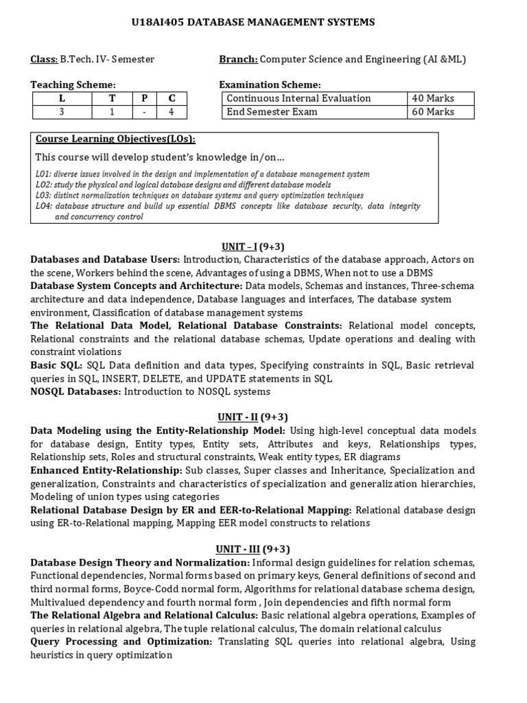 Database Management Systems Course Outline | PDF | Databases ...