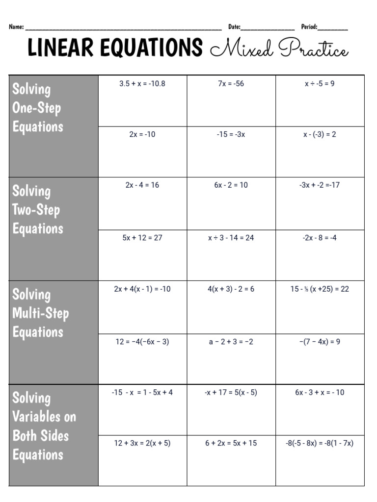 Linear Equations: Mixed Practice | PDF | Equations | Numerical Analysis