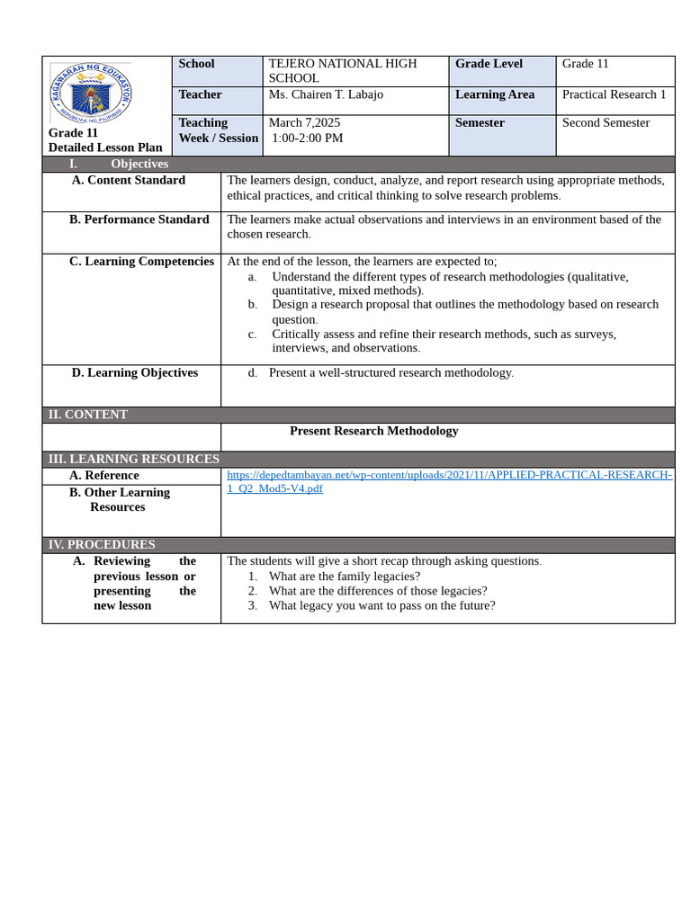 Grade 11 Practical Research Lesson Plan | PDF | Methodology | Learning