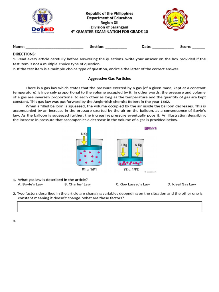 Grade 10 4th Quarter Exam: Gas Laws | PDF