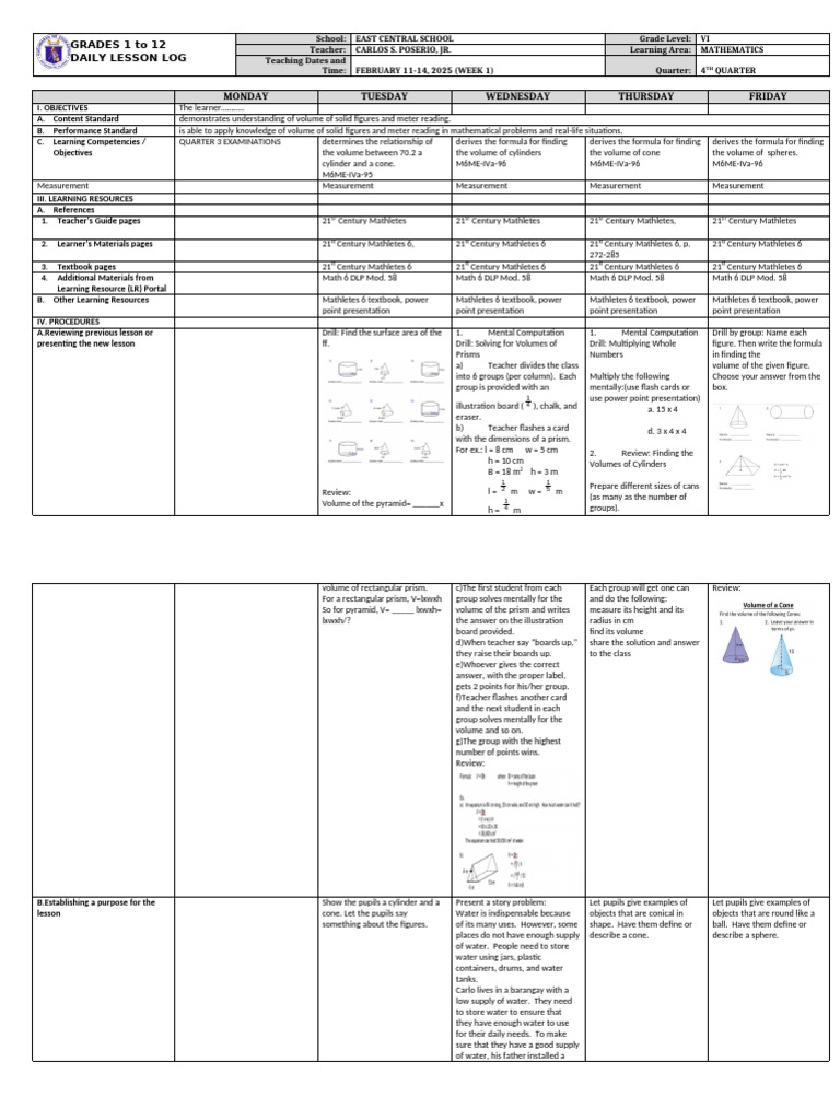 Grade 6 Math Lesson: Volume Concepts | PDF | Area | Volume