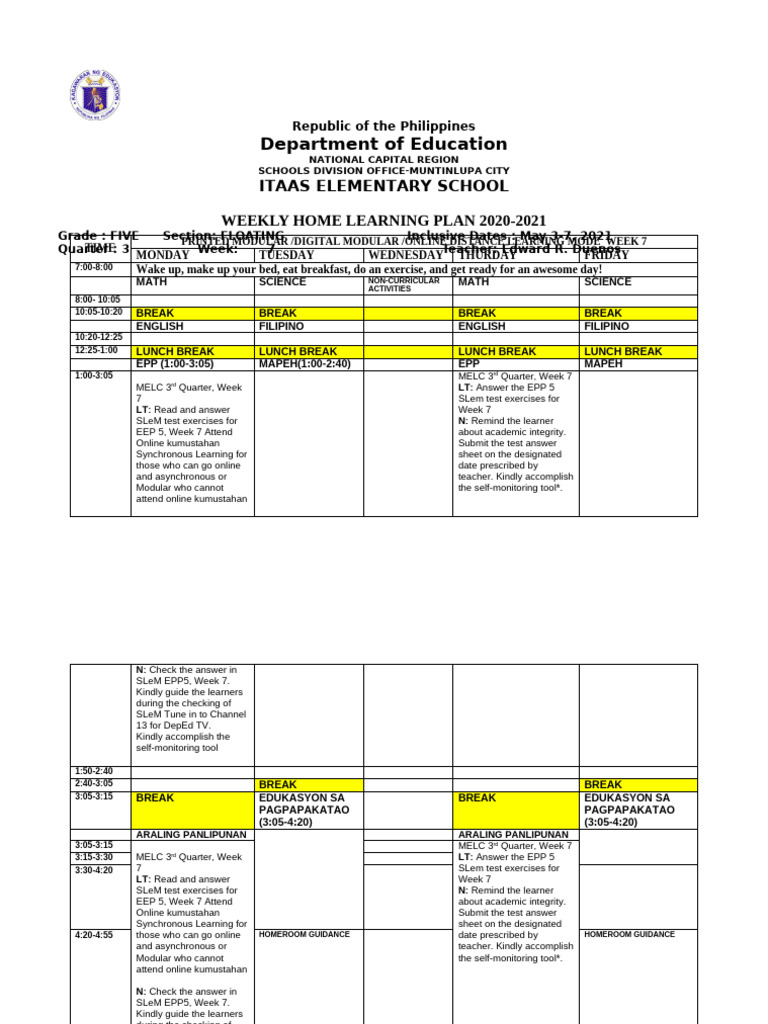 Grade 5 Weekly Learning Plan | PDF