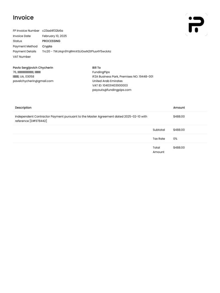 Crypto Invoice for Independent Contractor | PDF