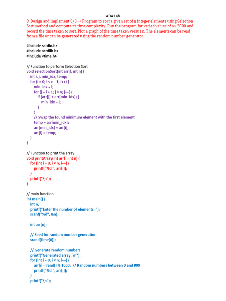 C/C++ Selection Sort Time Analysis | PDF | Integer (Computer Science ...