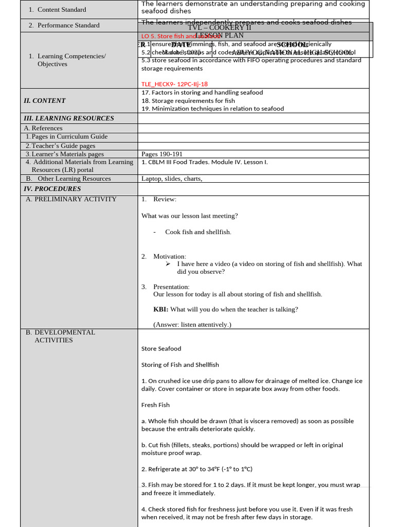 Seafood Storage Lesson Plan for Grade 11 | PDF | Seafood