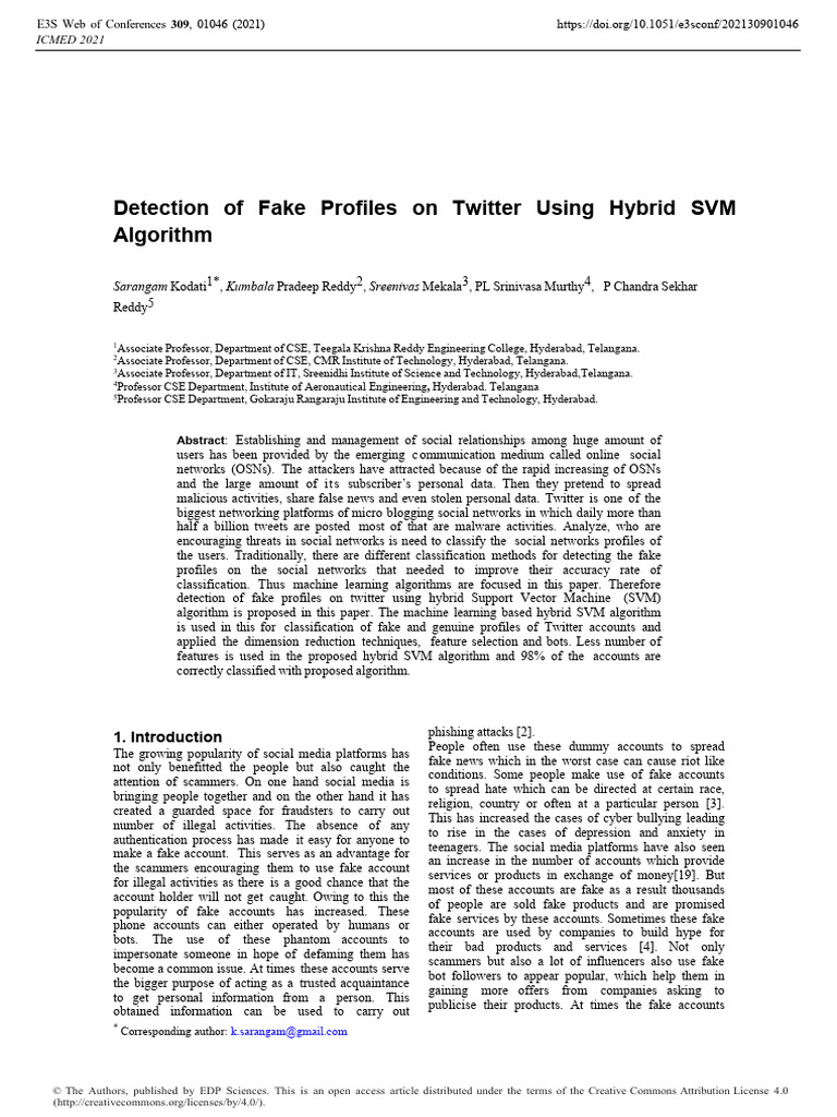Detection of Fake Profiles On Twitter Us | PDF | Support Vector Machine ...
