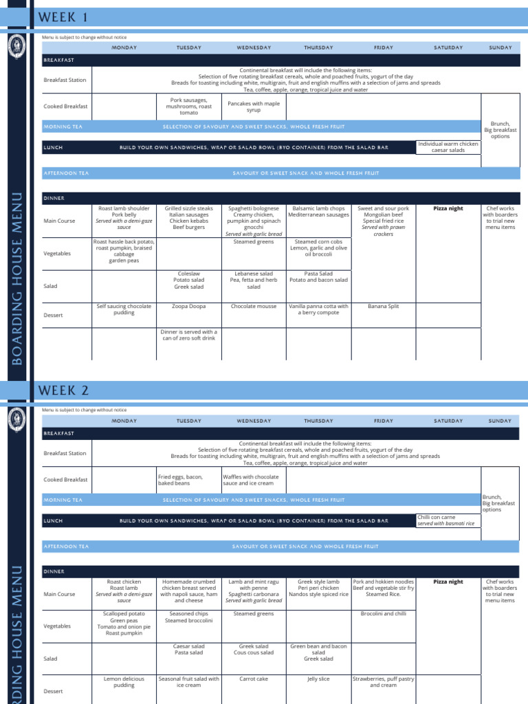 Weekly Boarding House Menu | PDF | Salad | Lunch