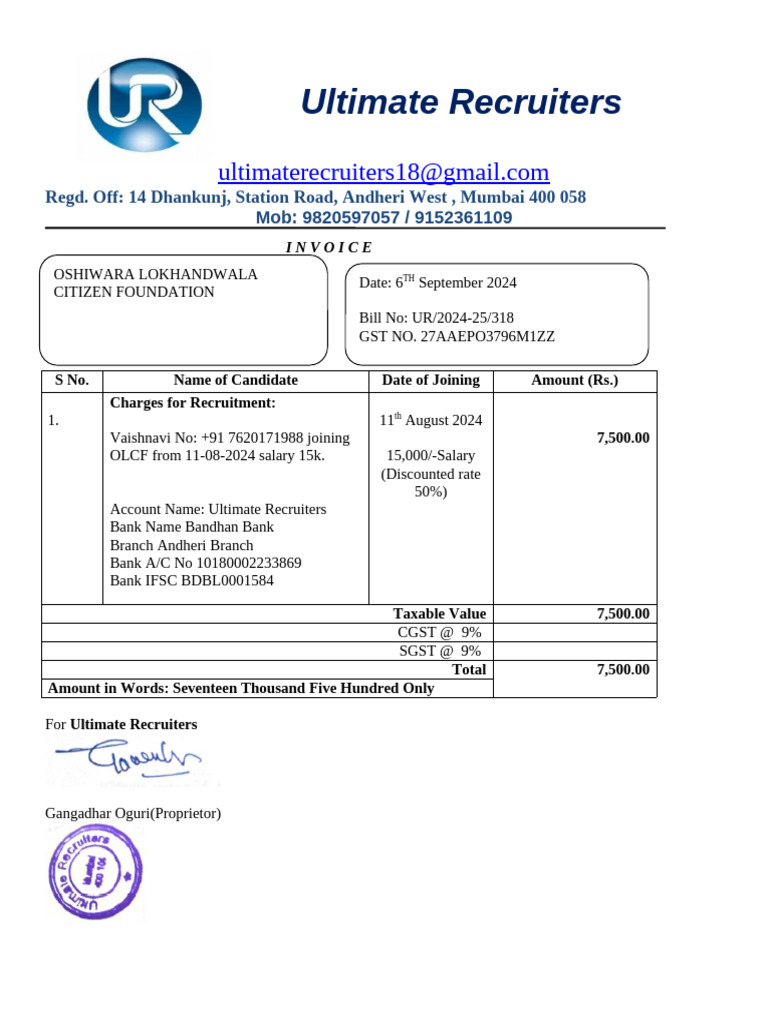 318 Oshiwara Lokhandwala Citizen Foundation - Invoice For Vaishnavi | PDF