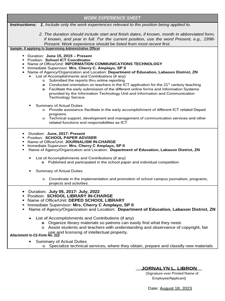 CS Form No. 212 Attachment - Work Experience Sheet | PDF | Libraries