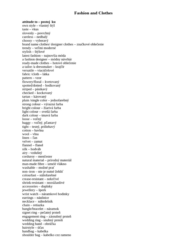 Fashion and Clothes - Vocabulary | PDF