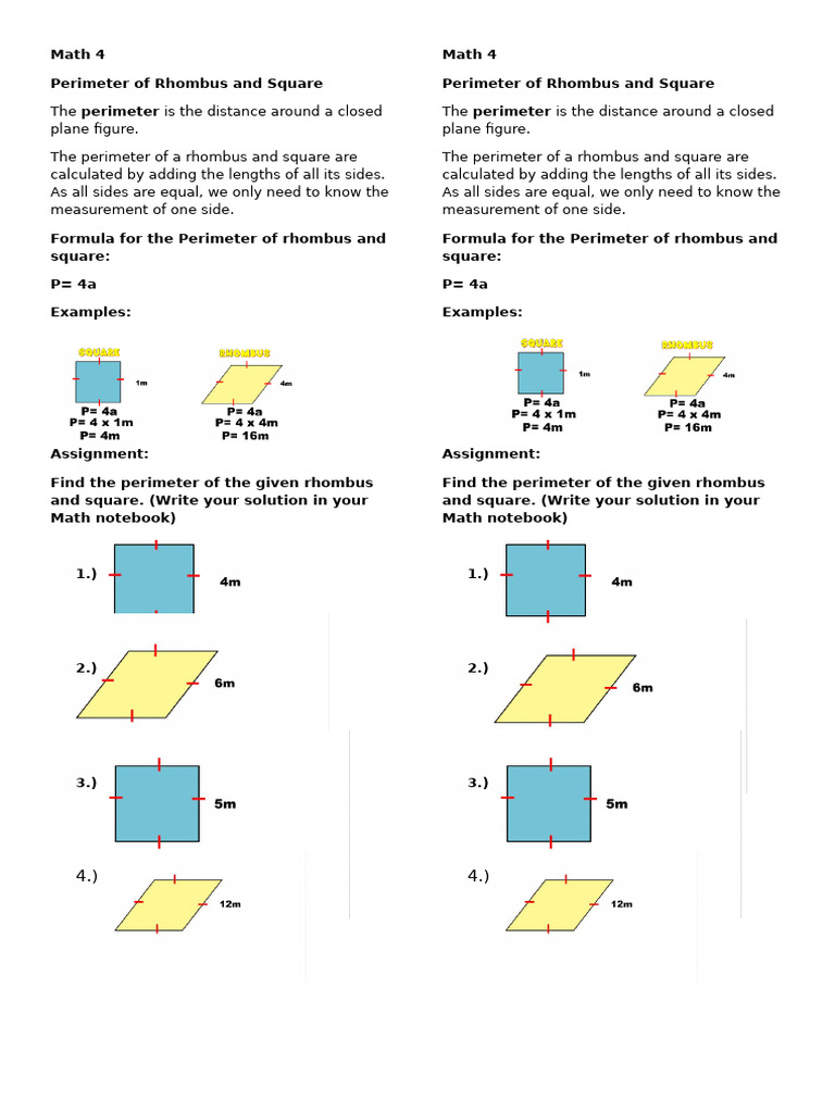 Math 4 Perimeter of Rhombus and Square | PDF
