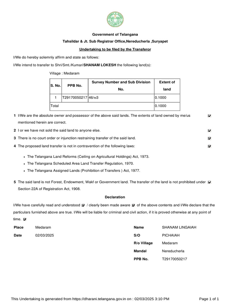 Telangana Land Transfer Undertaking Form | PDF | Common Law | Justice