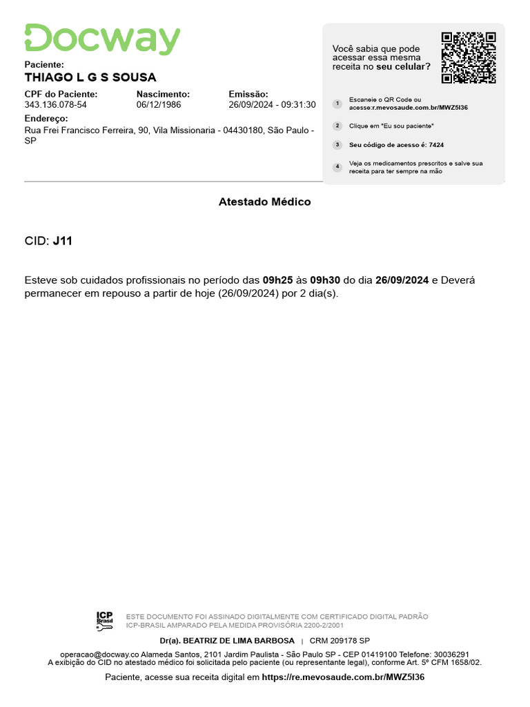 Atestado Médico de Thiago Sousa - CID J11 | PDF