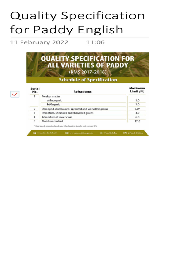 Quality Specification For Paddy | PDF
