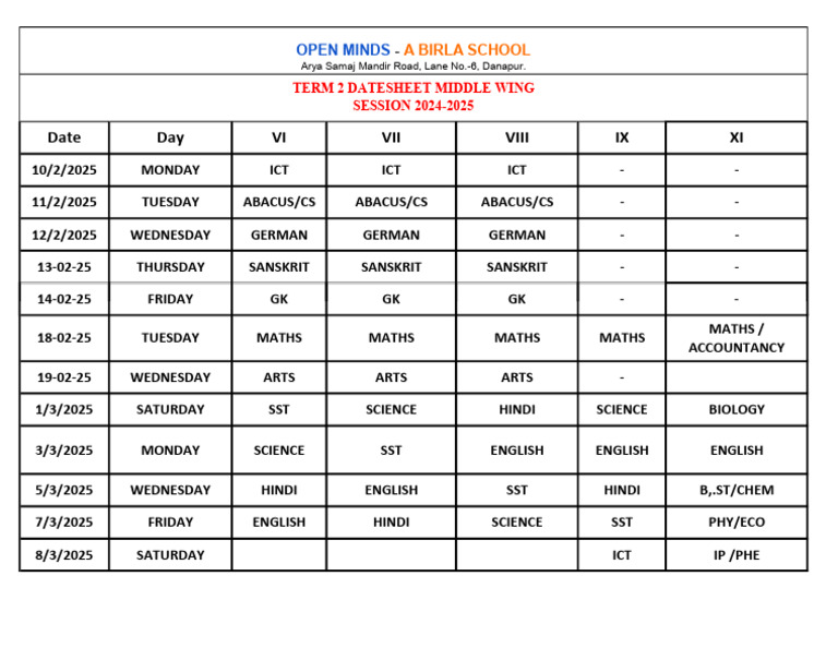 Term 2 Datesheet Middle Wing-4 | PDF
