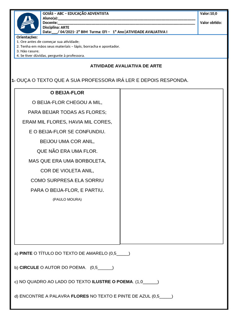 Atividade Avaliativa de Arte - 1º Ano | PDF