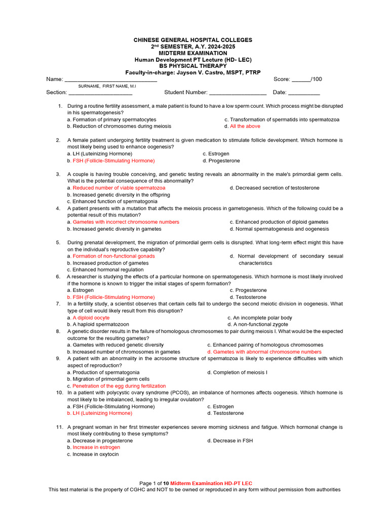 Midterm Exam: Human Development PT | PDF | Pregnancy | Menstrual Cycle