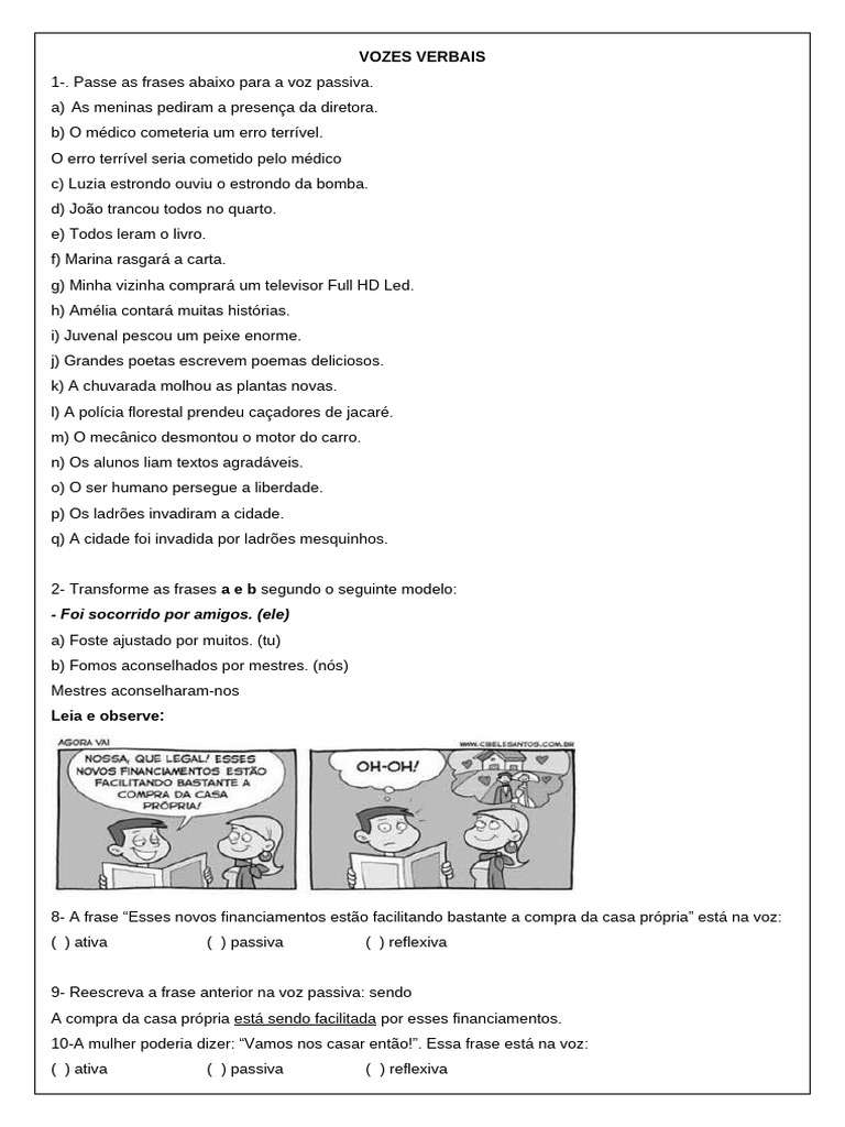 Exercícios de Vozes Verbais 8º Ano | PDF
