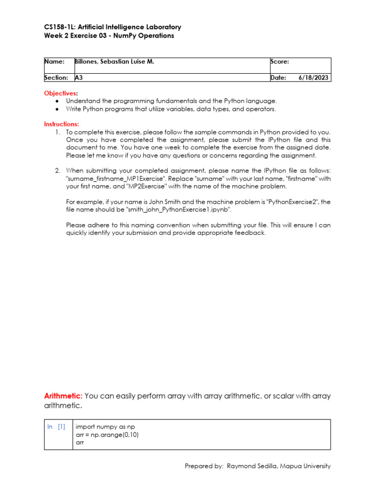 Billones_SebastanLuise_Week 2 Exercise 03 - NumPy Operations | PDF ... image.