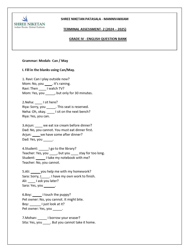 Grade IV English Question Bank | PDF