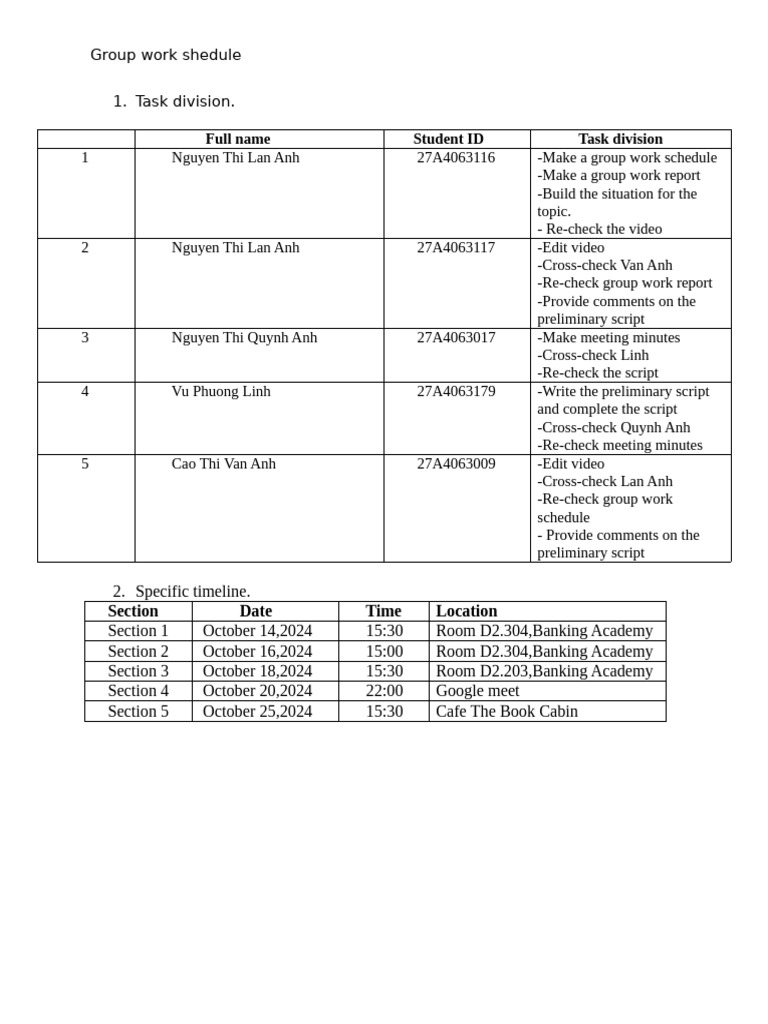 A group work schedule task division j specific timeline pdf