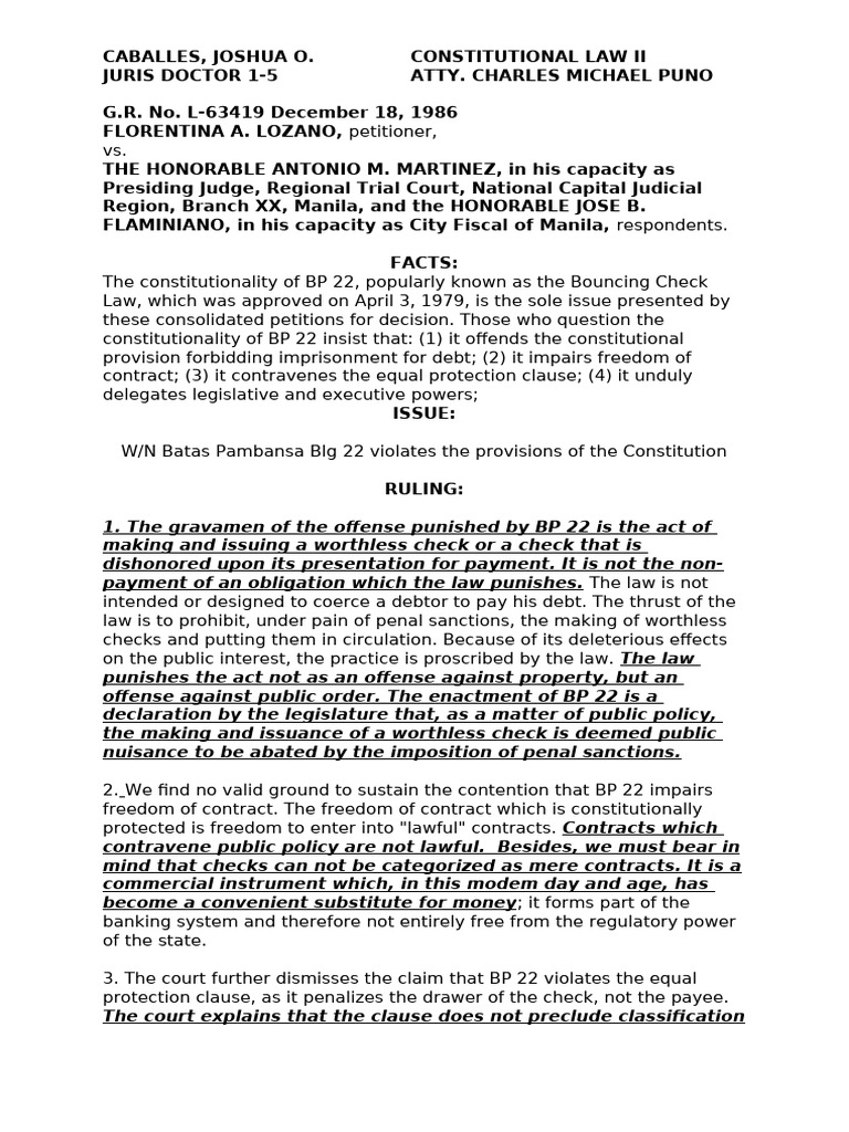 Constitutionality of BP 22 Explained | PDF | Justice | Crime & Violence