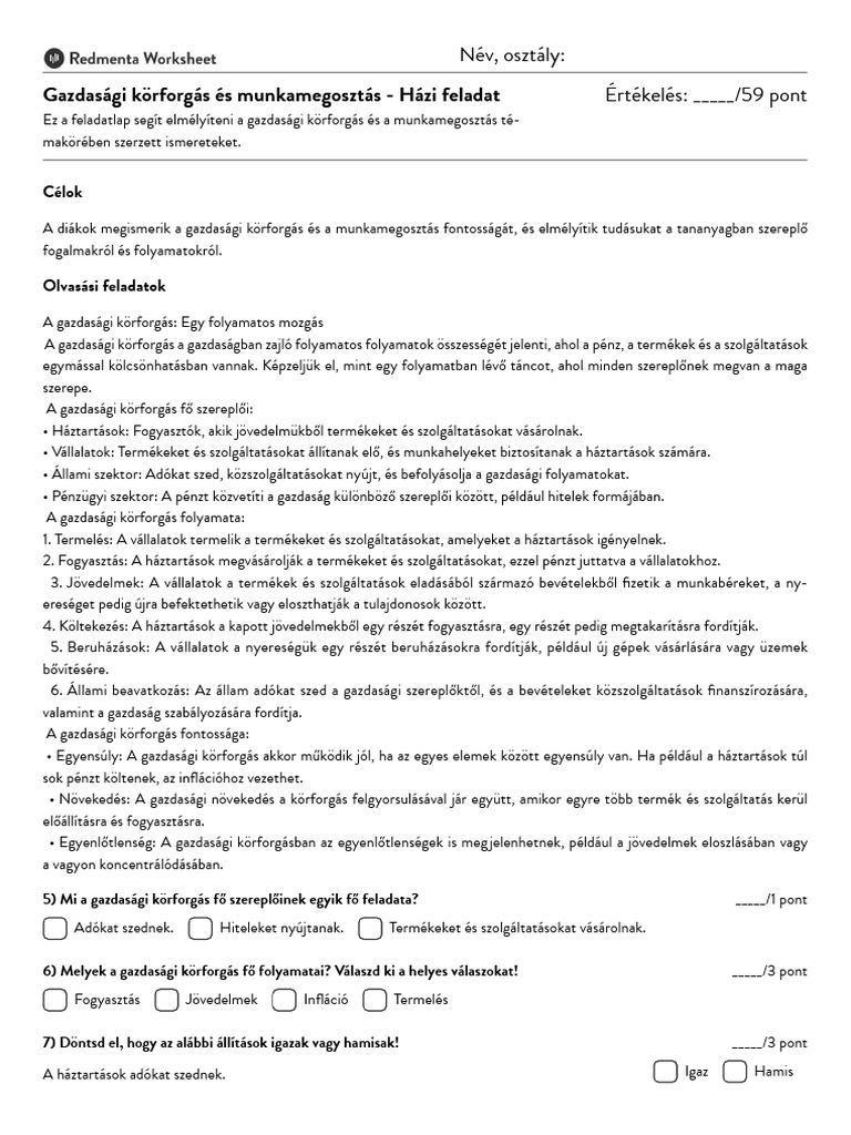 Gazdasági Körforgás És Munkamegosztás - Órai Feladat | PDF