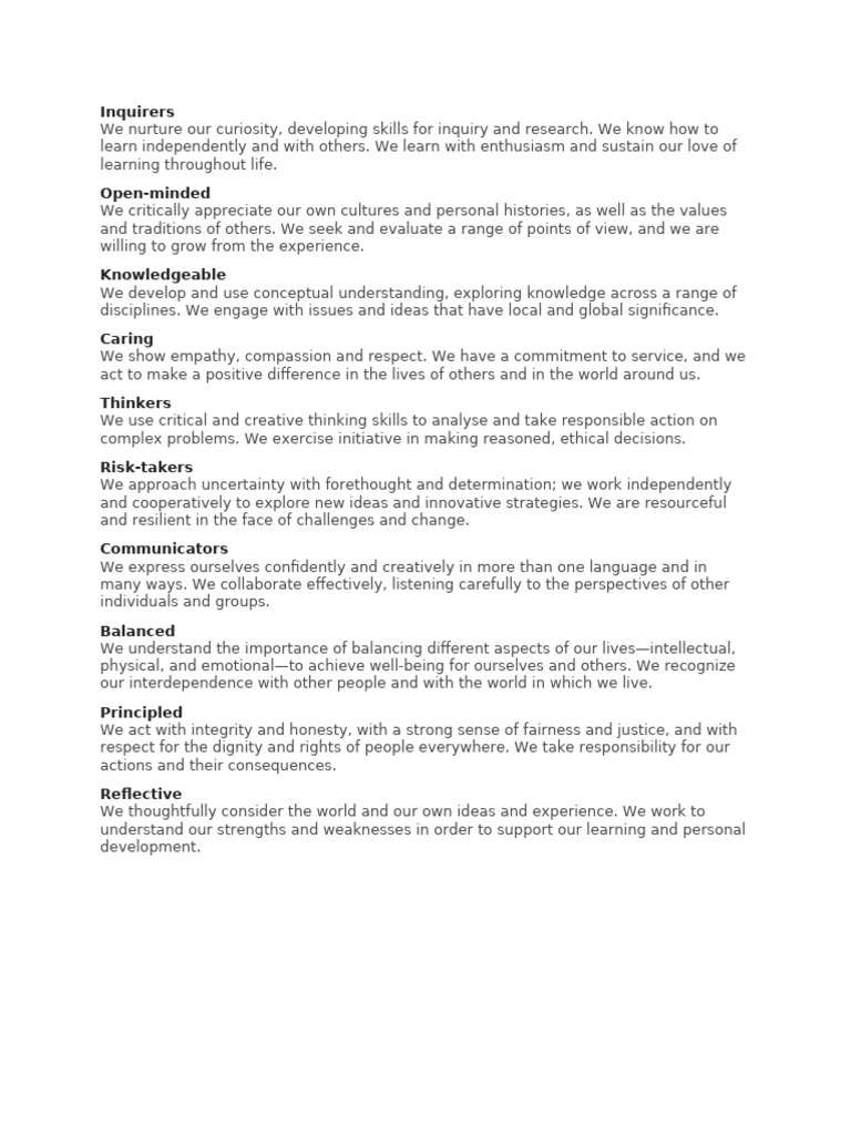 IB PYP Learner Profile Attributes | PDF