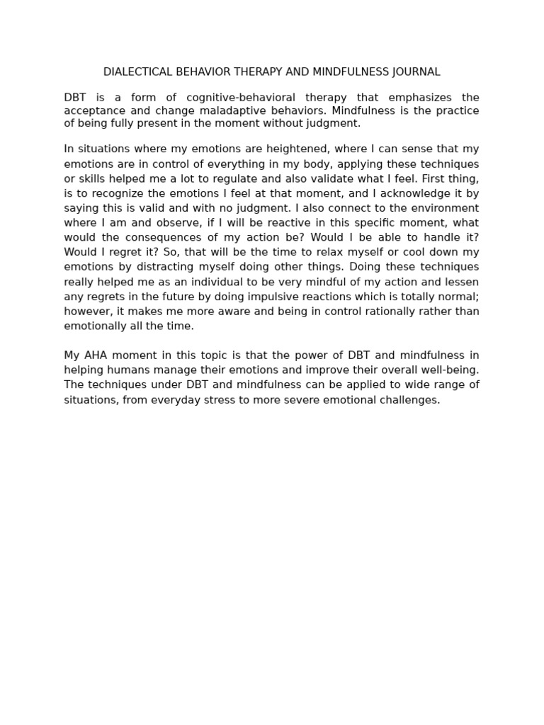 Dialectical Behavior Therapy and Mindfulness Journal | PDF