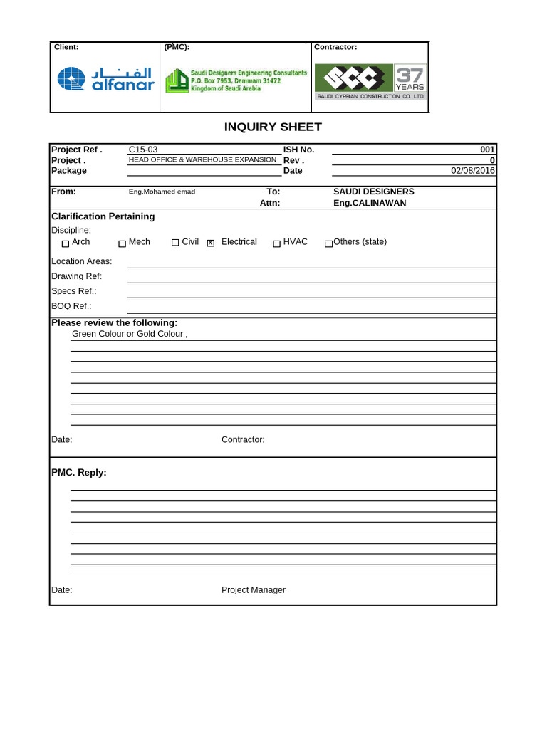 Inquiry Sheet for Warehouse Expansion | PDF
