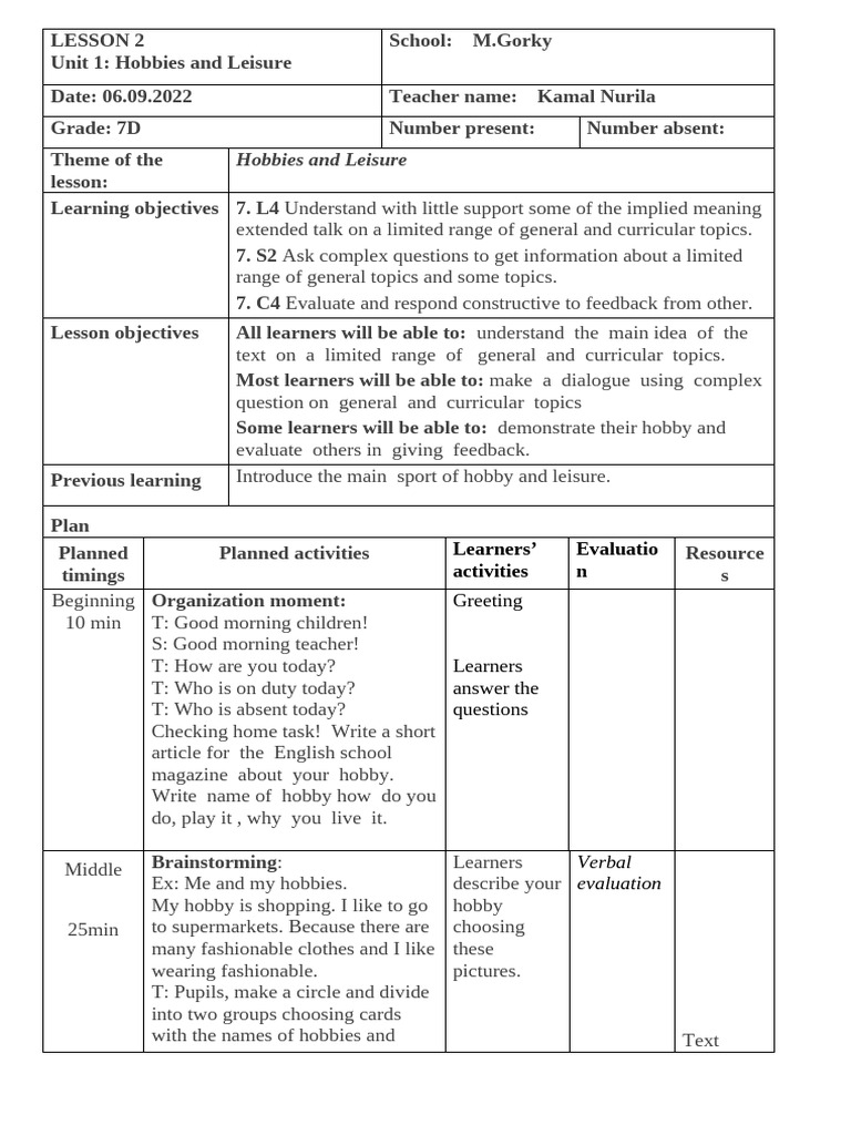 Hobbies and Leisure 7class | PDF | Curriculum | Hobbies