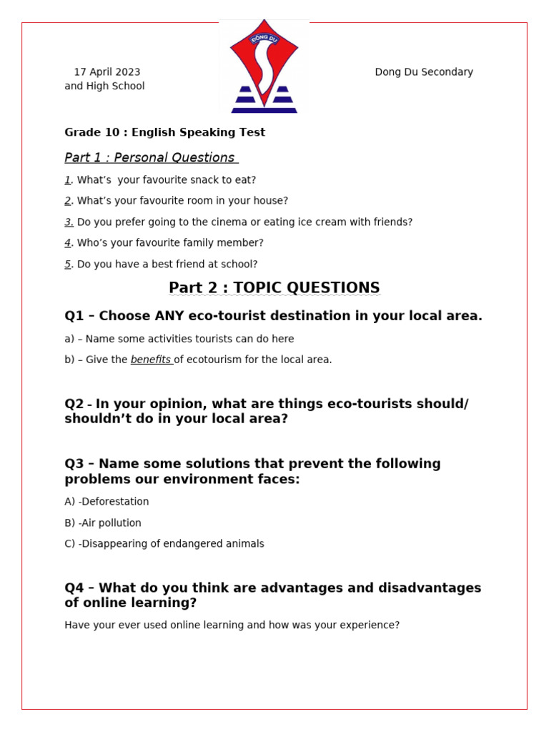 Grade 10 English Speaking Test Guide | PDF