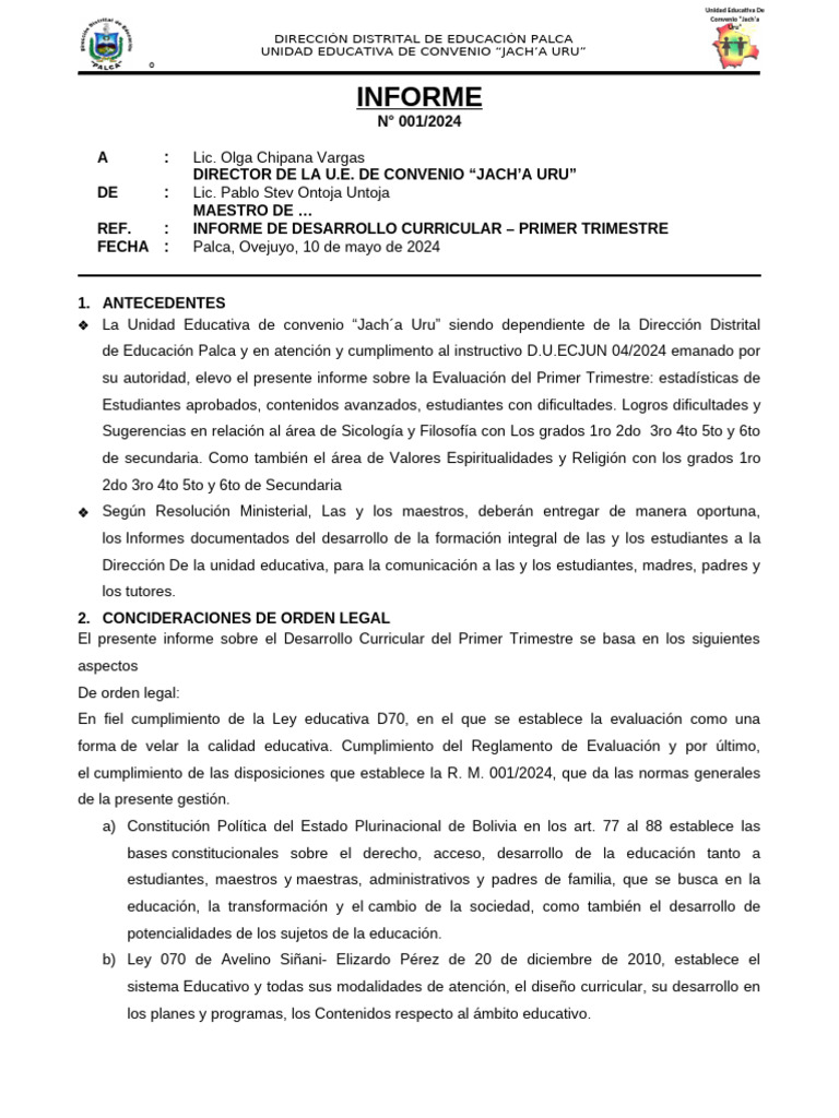 Informe Primer Trimestre Corregido Pablo | PDF | Plan de estudios ...