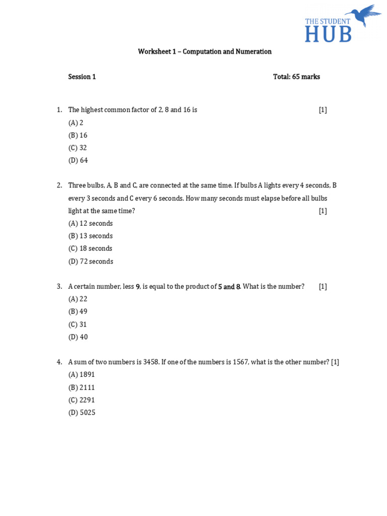 Worksheet 1 – Computation and Numeration (1) | PDF | Numbers | Mathematics