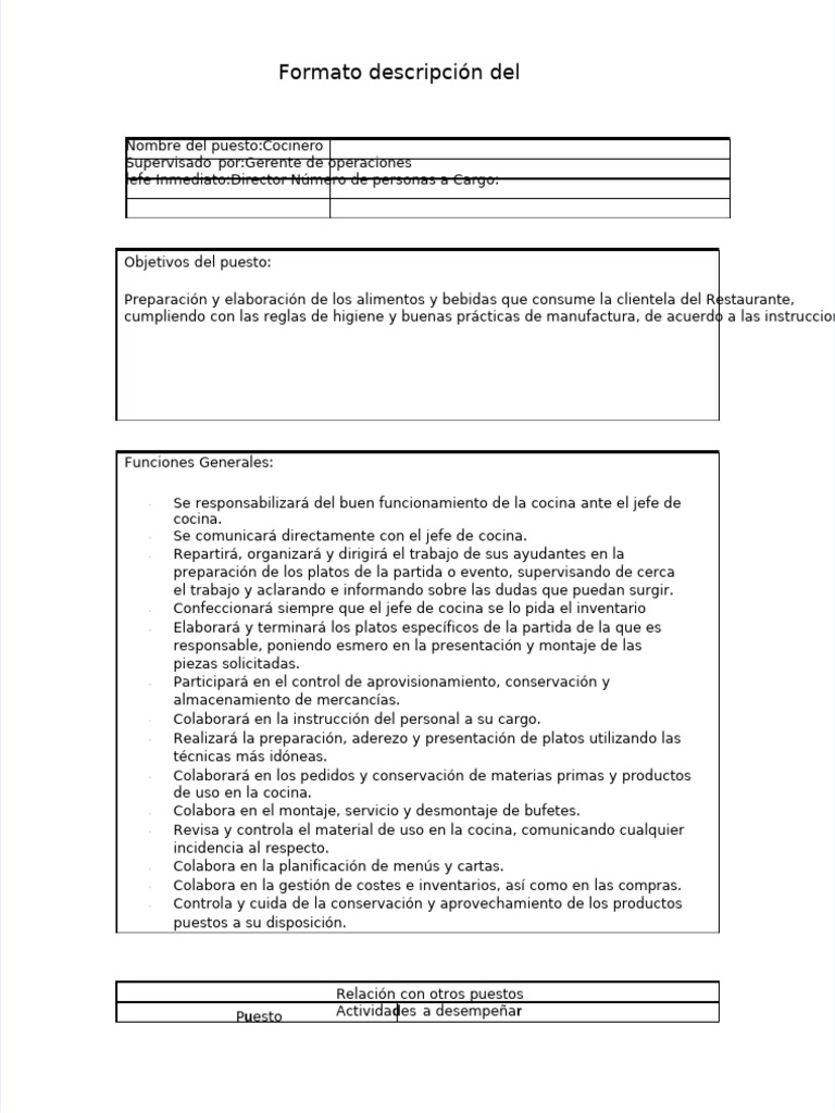 Descripción del Puesto: Cocinero en Restaurante | PDF | Artes ...