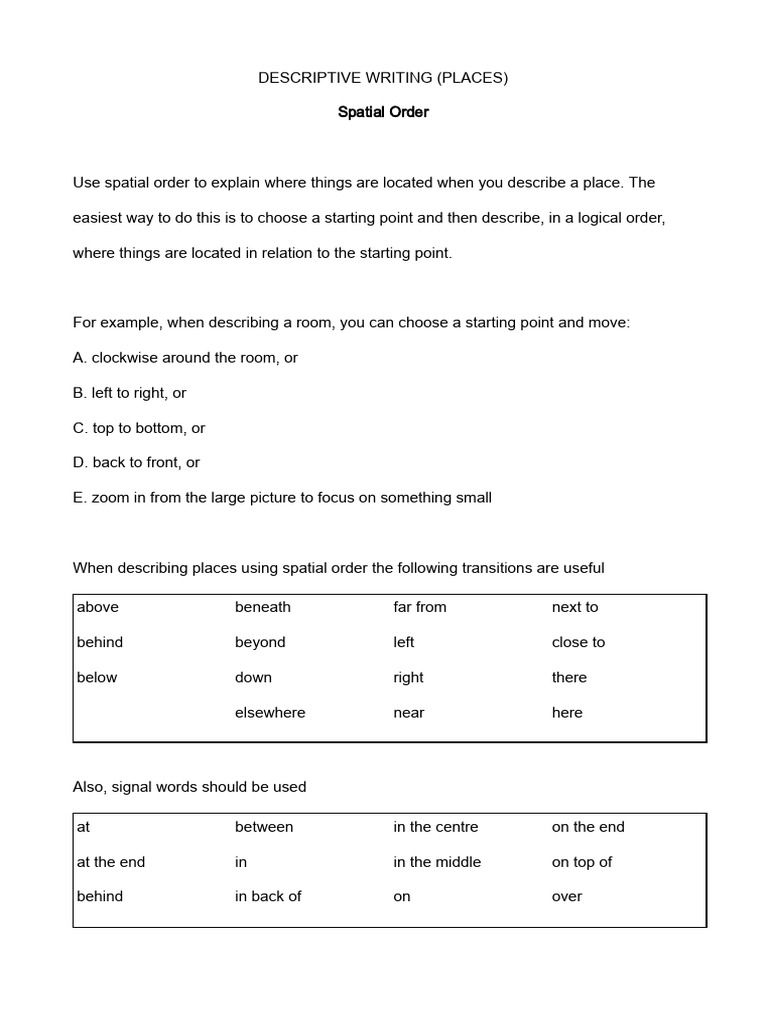Descriptive Writing (Places) - Spatial Order.docx | PDF