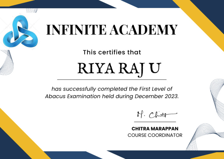 Riya Raj U: Abacus Exam Certification | PDF