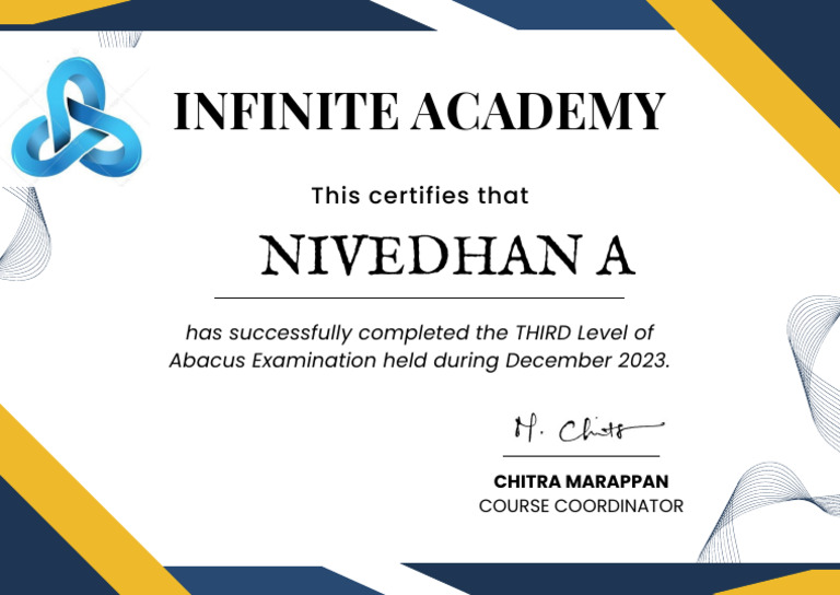 Nivedhan A's Abacus Level 3 Certificate | PDF