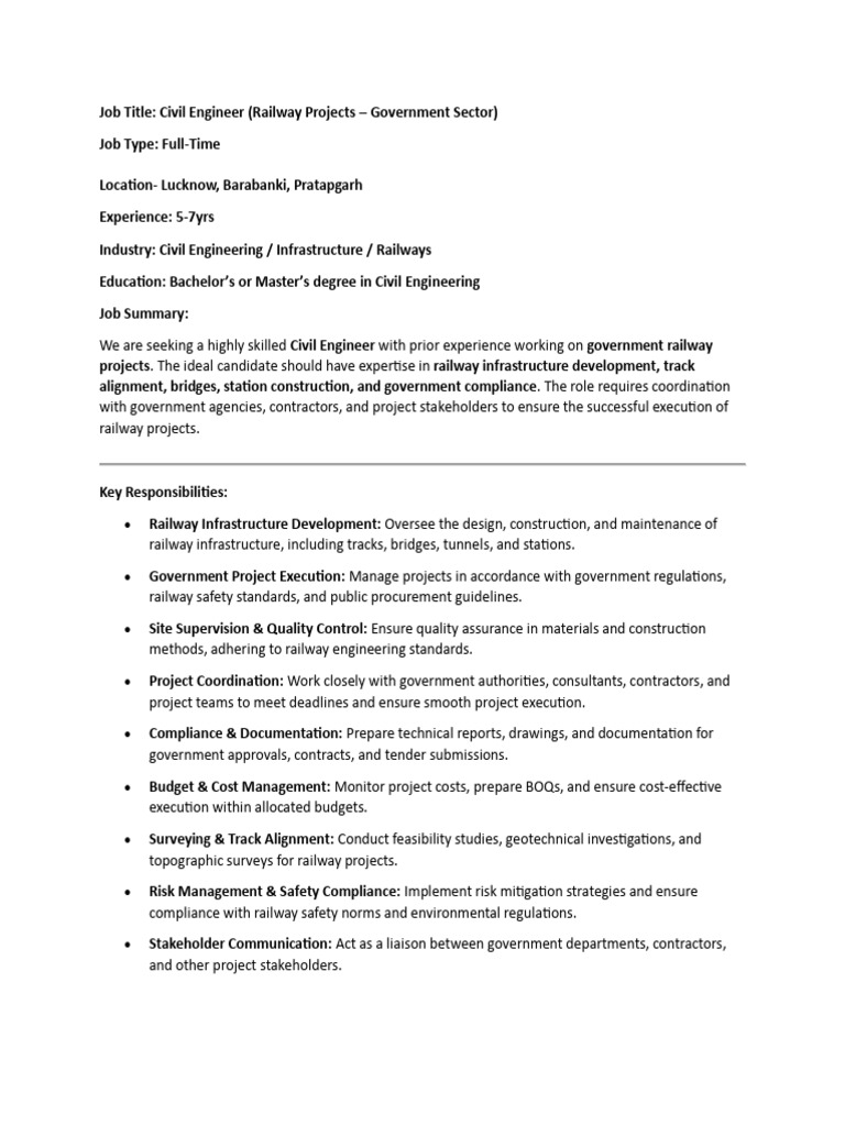 Civil Engineer for Railway Projects | PDF