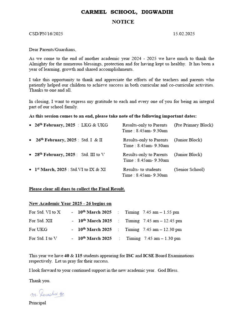 Carmel School Academic Year End Notice | PDF
