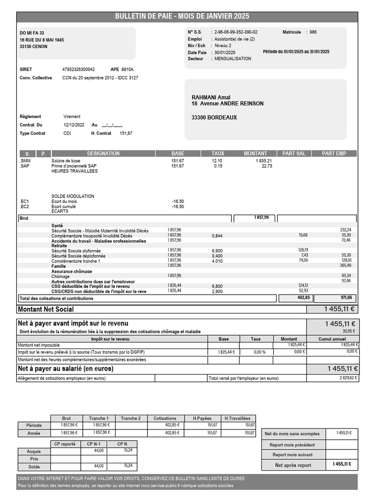 Bulletin de Paie - Janvier 2025 | PDF | Impôt sur le revenu | Salaires