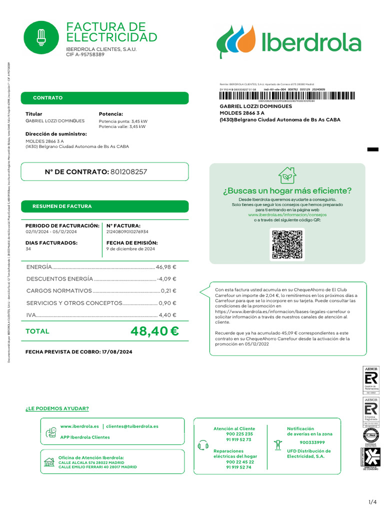 Factura de electricidad Iberdrola 2024 | PDF | Factura | Economias