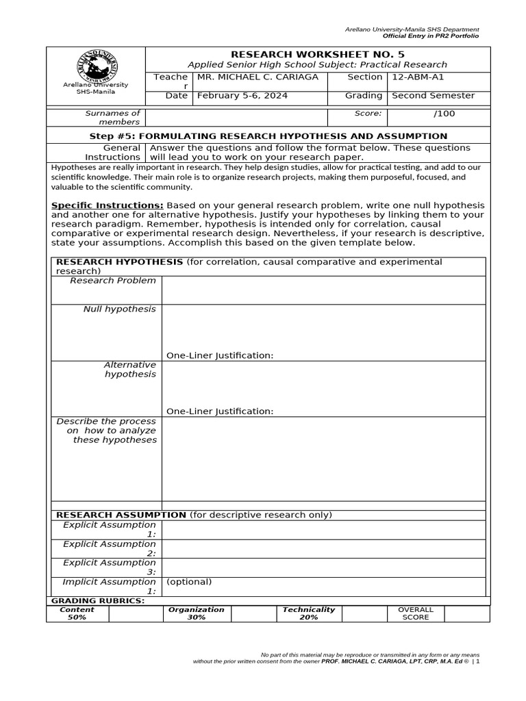 RESEARCH Worksheet No 5 PR2 2nd QUARTER | PDF | Hypothesis | Cognitive ...