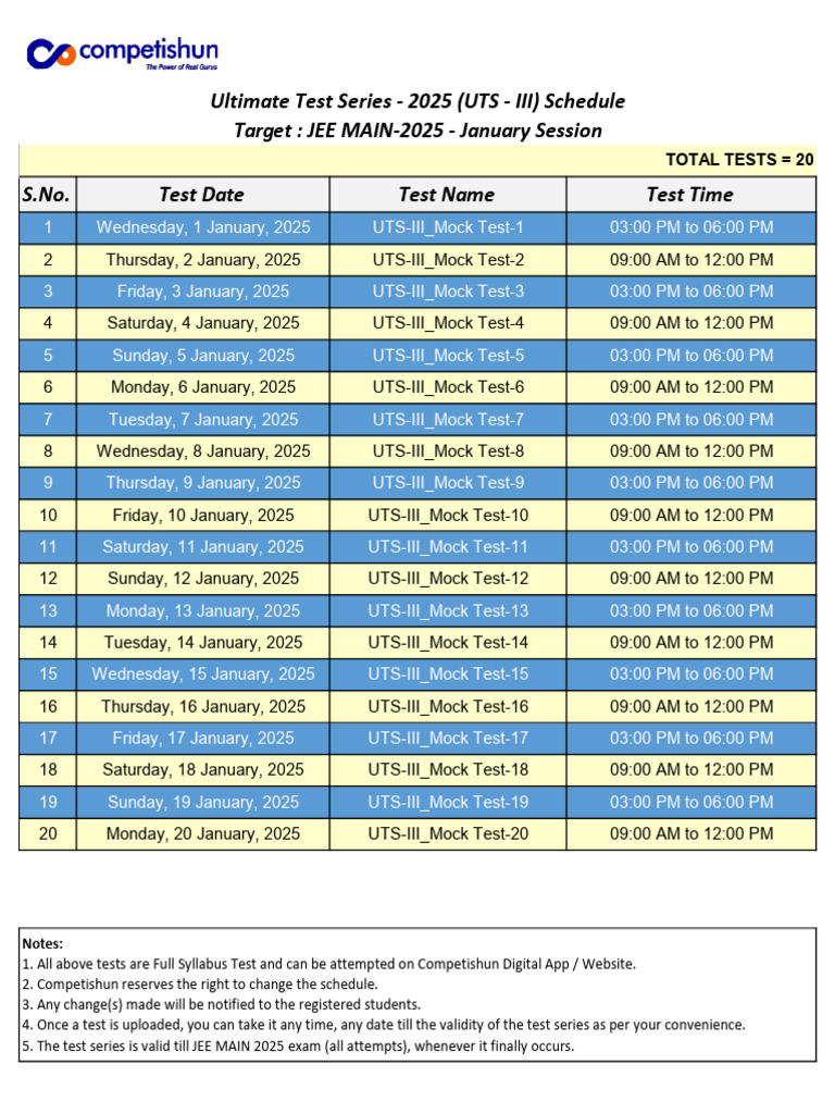 JEE MAIN 2025 Ultimate Test Series Schedule | PDF
