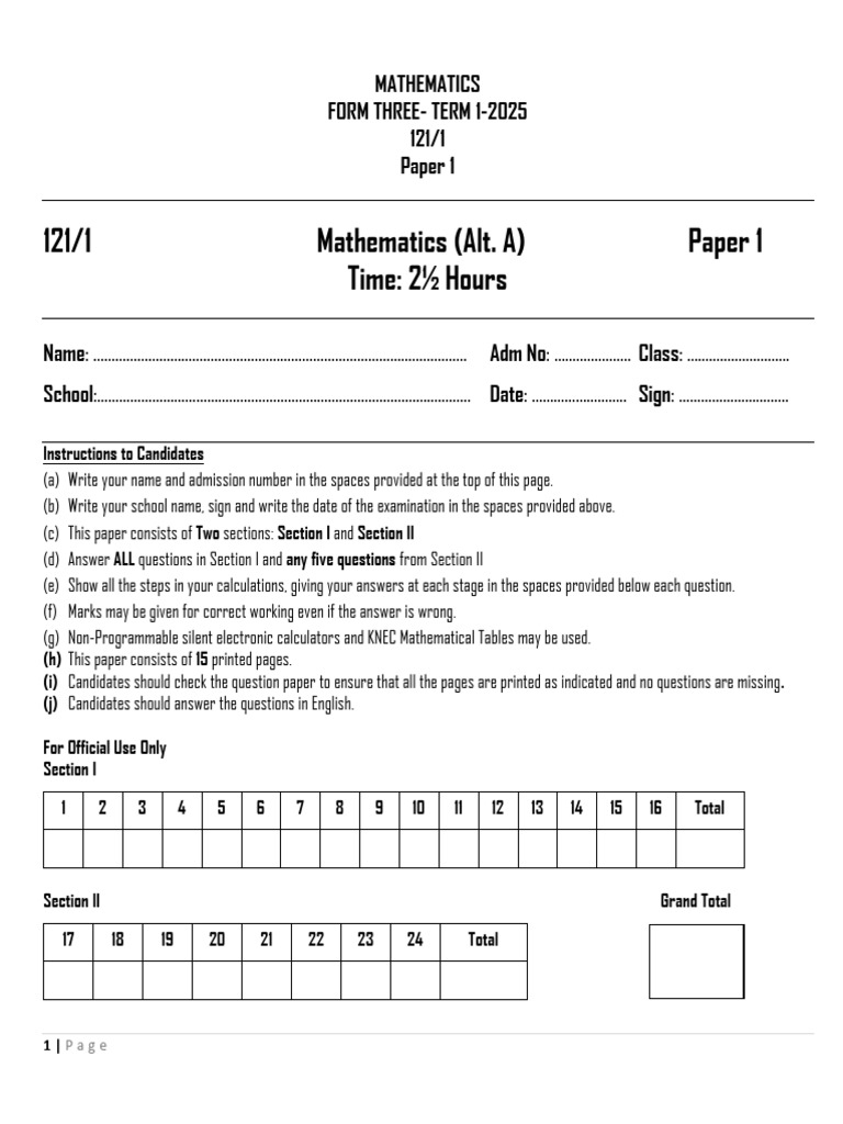 Mathematics Form 3 Term 1 Exam Paper | PDF | Elementary Geometry | Geometry
