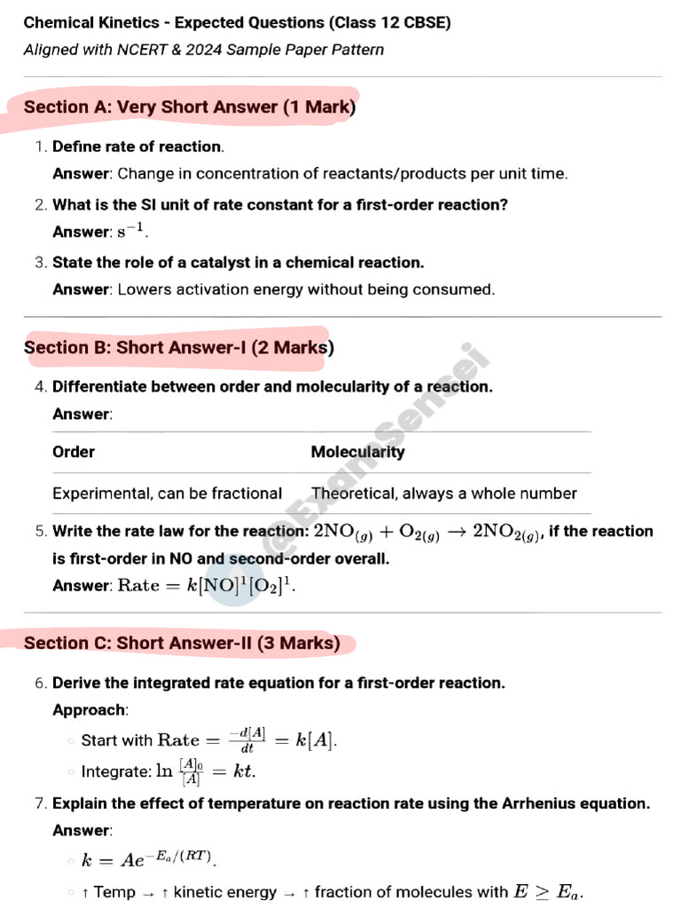 Expected Questions of Chemical Kinetics by ExamSensei | PDF