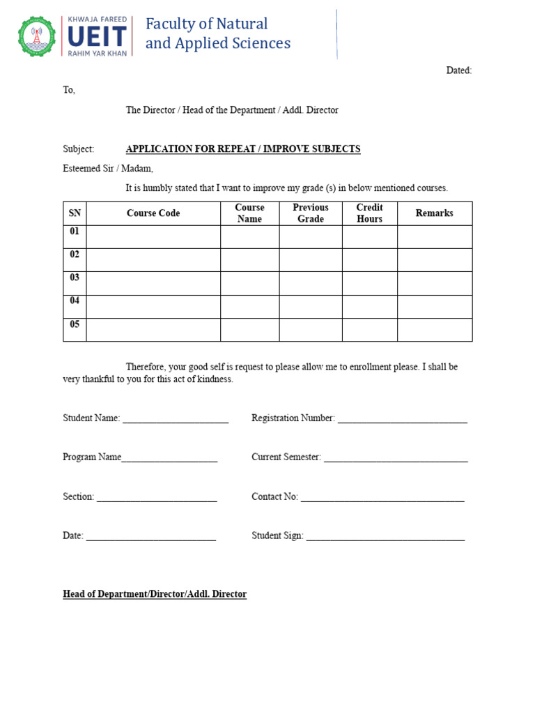 Application for Subject Improvement | PDF