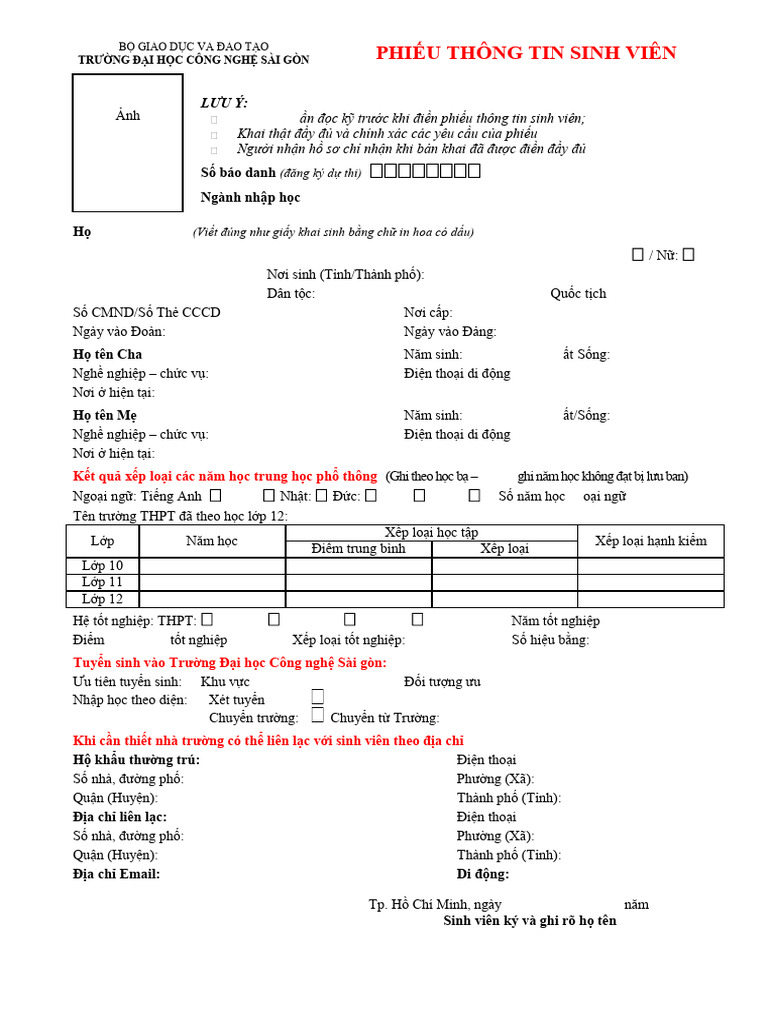 Mau NH02 - PHIEU THONG TIN SINH VIEN - 2023 | PDF