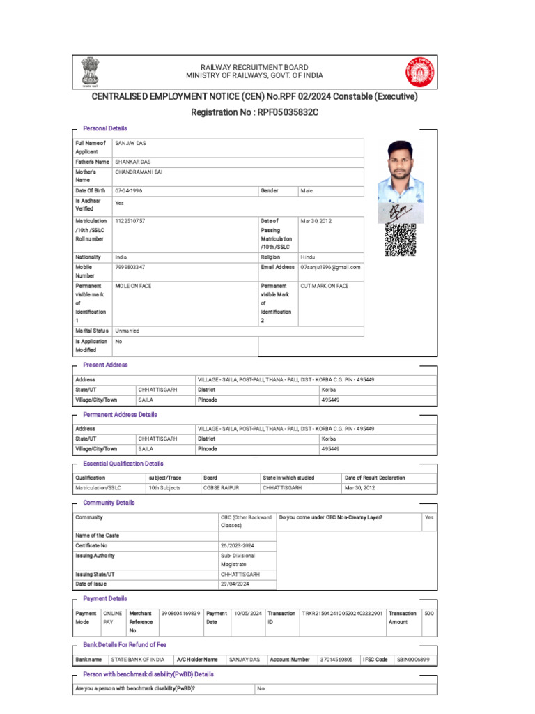 RPF Constable Application - Sanjay Das | PDF