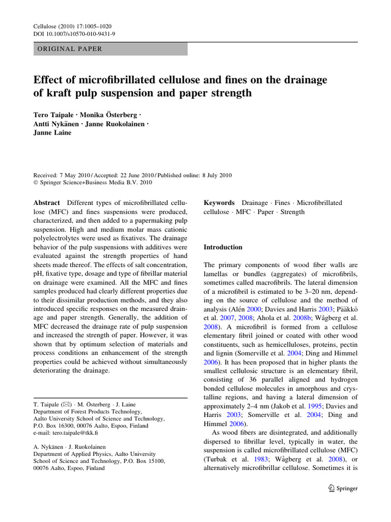 MFC and Fines Impact on Paper Strength | PDF | Pulp (Paper) | Cellulose